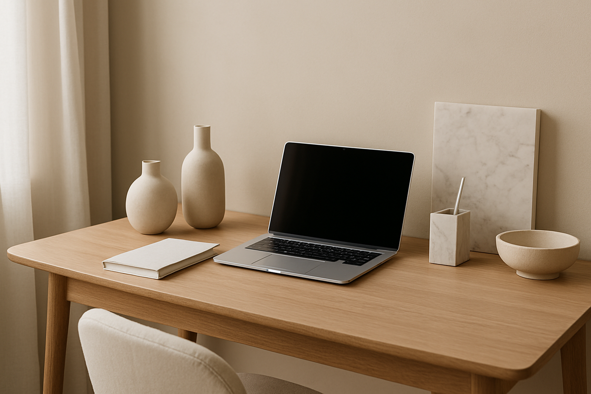 Neutral minimalist home office workspace